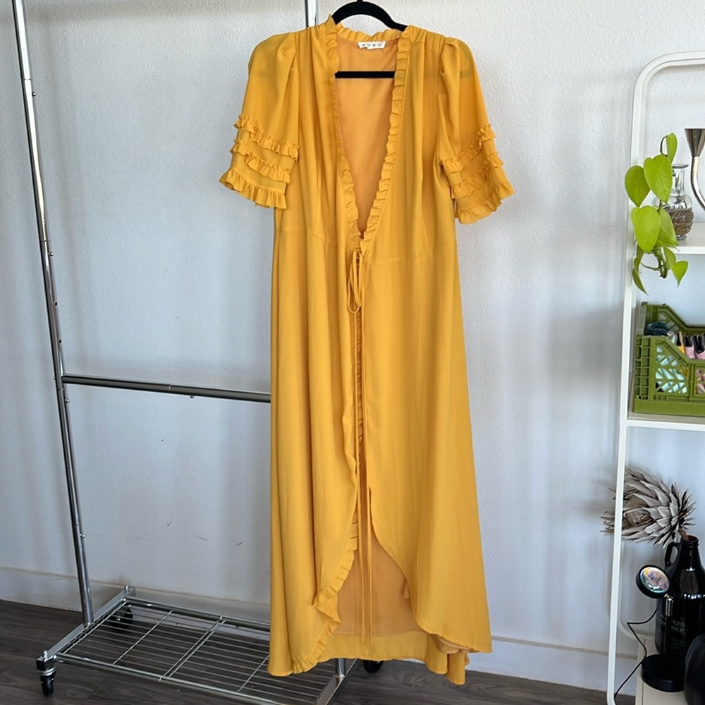 Yellow Maxi Duster Dress with Front Ties size M